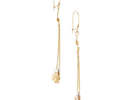 Aretes diseño especial con colgantes motivo elefantes y esferas en oro tres tonos 14 kilates. For Discount