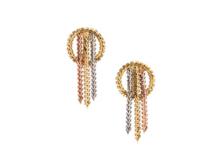 Aretes boleados con colgantes en oro tres tonos 18 kilates. Sale