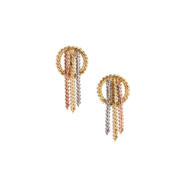 Aretes boleados con colgantes en oro tres tonos 18 kilates. Sale